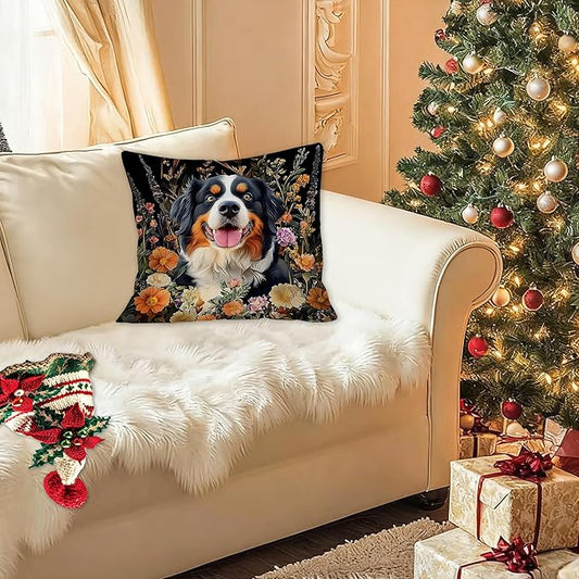 William Morris Inspired-Vintage Floral Bernese Mountain Dog Pillow Covers 18x18, Dog Lover Mom Gifts, Moody Dark Cottagecore Botanical Dogs Decorative Pillow Covers for Home Living Room Bedroom