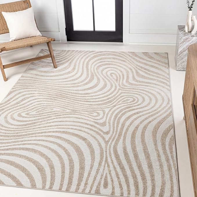JONATHAN Y Maribo High-Low Abstract Striped Beige/Cream 4x6 Indoor/Outdoor Area Rug for Patio, Backyard, Living Room, Bedroom, Office, Hose-Washable (SCN103D-4)