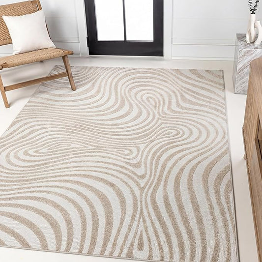 JONATHAN Y Maribo High-Low Abstract Striped Beige/Cream 3x5 Indoor/Outdoor Area Rug for Patio, Backyard, Living Room, Bedroom, Office, Hose-Washable (SCN103D-3)