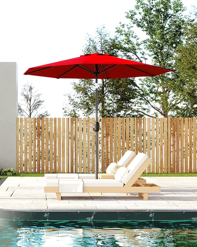 GarveeLife 10 ft Patio Umbrella, Outdoor Table Market Umbrella with Push Button Tilt and Crank, 8 Sturdy Ribs UV Protection Waterproof for Garden, Deck, Backyard, Pool (Red)