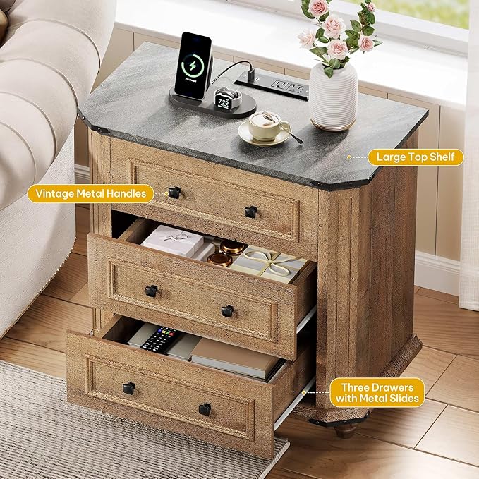 DWVO Nightstand Set of 2 with Charging Station, 29" Wide Farmhouse Bedside Table with 3 Drawers, Wood Night Stand w/Storage, Rustic Bed Side End Table for Bedroom Dorm Small Space, Brown