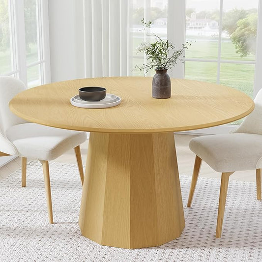 Casaphoria 52" Round Dining Table, Modern Wood Kitchen Table with Cone Shaped Strip Polygonal Base for Living Room & Dining Room, Easy Assembly Farmhouse Furniture for 4-6, Oak