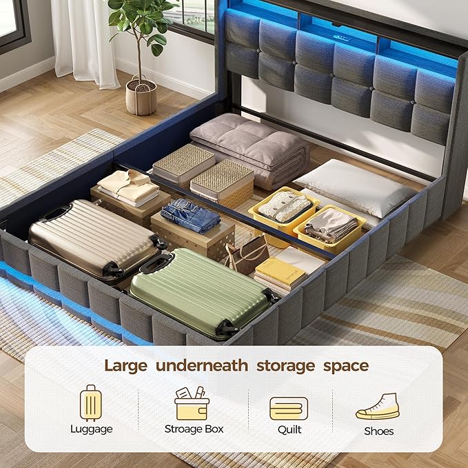 Rolanstar Bed Frame Queen Size with Lift Up Storage, Charging Station & LED Lights, Upholstered Storage Headboard, Heavy Duty Wooden Slats, No Box Spring Needed, Noise Free, Easy Assembly, Dark Grey