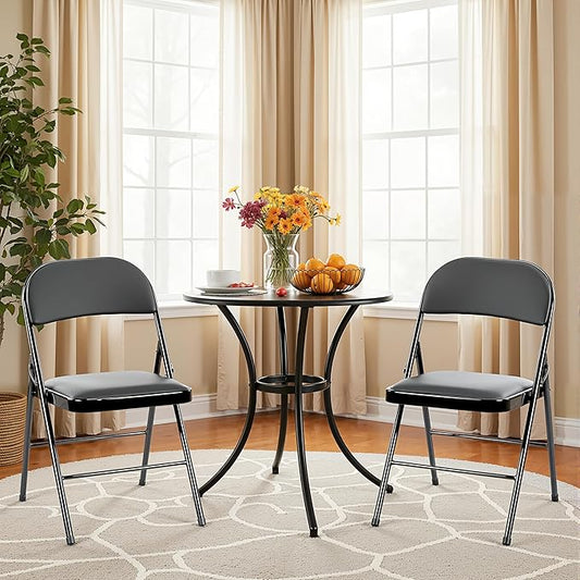 Simple Deluxe Dining Chairs Set of 2, Leather Cushion Foldable Modern Kitchen Side Chair with Padded Back& Metal Legs, Upholstered Dinner Seat Gift for Home/Living Room/Bedroom/Restaurant, Black