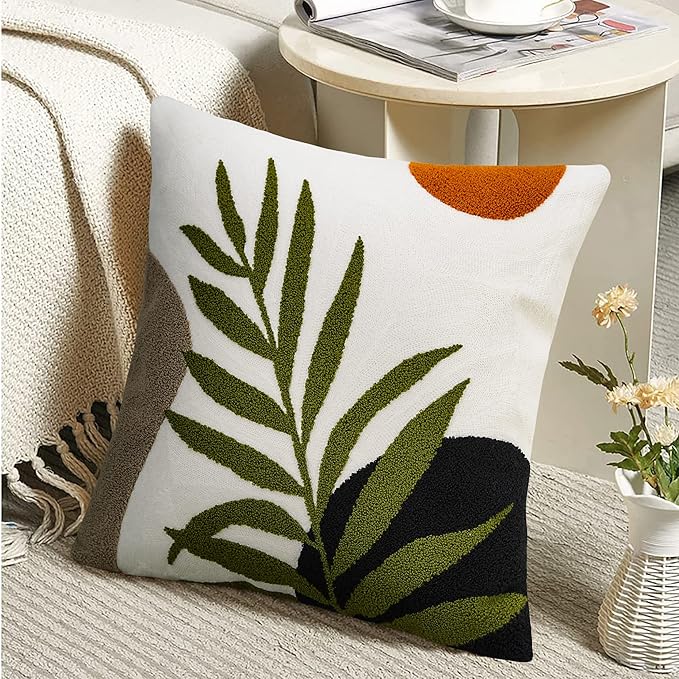 Merrycolor Boho Decorative Throw Pillow Covers 18x18 Tufted Green Decorative Pillows Covers Sun Leaf Mid Century Modern Throw Pillows for Bed Couch Sofa Living Room 1PC(Black and Green)