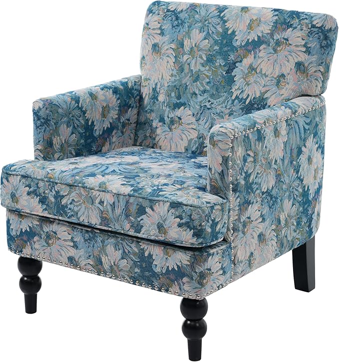 Christopher Knight Home Eve Modern Upholstered Club Chair, Wooden Living Room Accent Chair, Bedroom Comfy Reading Chair, Multifunctional Armchair, Blue Floral