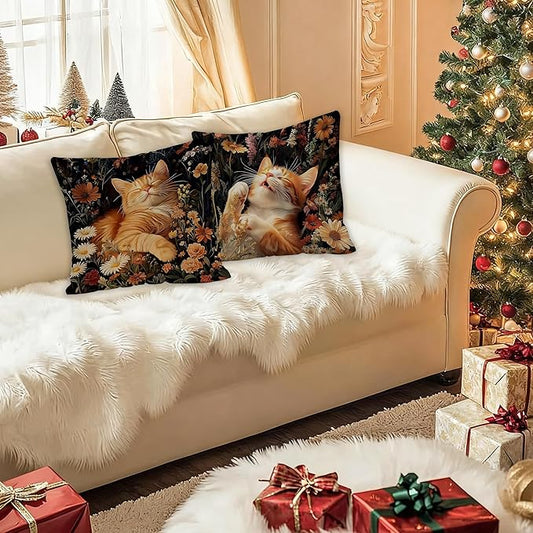 William Morris Inspired-Dark Floral Orange Tabby Cat Pillow Covers 18x18 Set of 2, Orange Cat Gifts for Women, Dark Botanical Kitty Kitten Decorative Pillow Covers for Home Living Room Bedroom