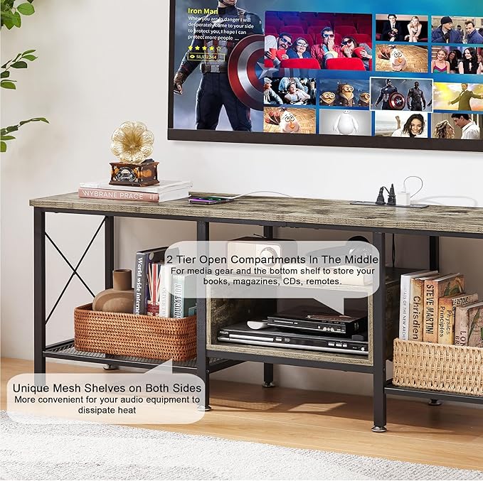 VECELO TV Stand with Power Outlets for 65 Inch Industria Media Entertainment Center with Charging Station, 3-Tier Open Shelves & Metal Frame for Living Room, Bedroom, 55 Inch, Grey
