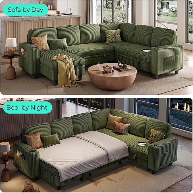 LINSY HOME Sectional Sleeper Sofa Pull Out Couches for Living Room (Green, Sleeper Sofa 4) | Pull Out Sofa Bed, Storage, USB Charging, Cup Holders, Plush Corduroy | Pull Out Sofa Bed, Storage, USB Charging, Cup Holders, Plush Corduroy, Convertible Sofa...