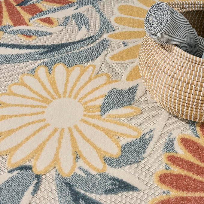 Nourison Home Aloha Ivory Rose 3'6" x 5'6" Area Rug - Easy Clean, Non Shedding, Bed Room, Living Room, Dining Room, Kitchen (4' x 6')