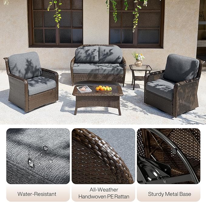 Tribesigns 5-Piece Outdoor Wicker Patio Furniture Set with 2 Swivel Chairs, 1 Loveseat & 2 Tables, All-Weather PE Rattan Conversation Set with Thick Gray Cushions, Brown Wicker Patio Set for Backyard