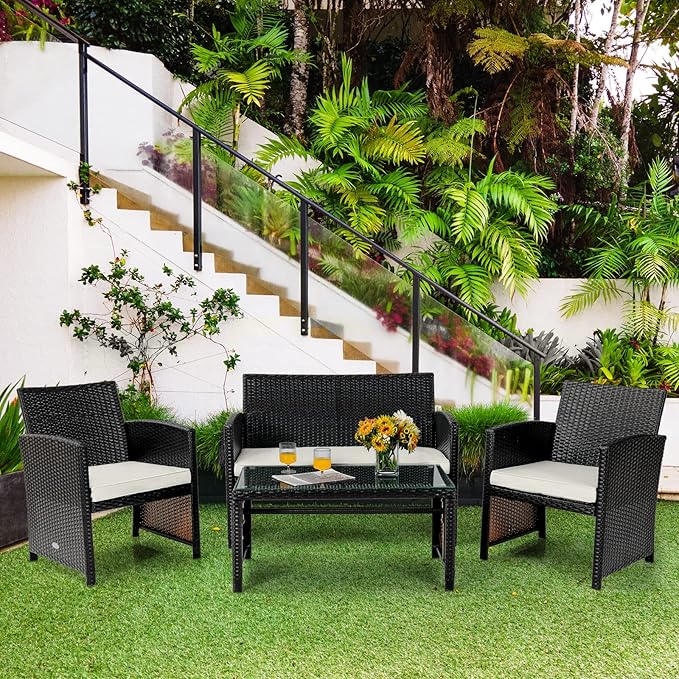 Tangkula 4 Pieces Rattan Furniture Set, Outdoor Conversation Set w/Chair & Loveseat & Tempered Glass Coffee Table, Suitable for Garden, Backyard, Poolside, Patio Furniture Set for 4 (1, White)
