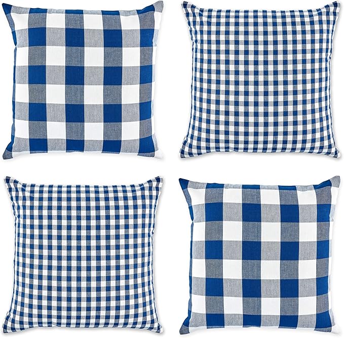 DII Decorative Square Throw Pillow Cover Collection Cotton, Machine Washable, Hidden Zipper, 18x18, Navy Gingham, 4 Piece