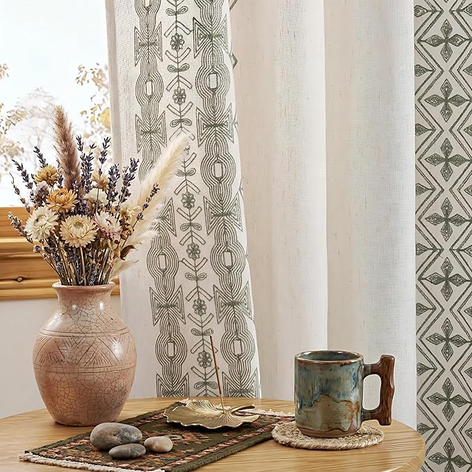NICETOWN 102" Long Sage Green Embroidered Trim Cream Linen Curtains 2 Panels - Gorgeous Wall Decoration Floor to Ceiling Drapes for Living Room, Boho Style Bronze Grommet Top, W52 x L102