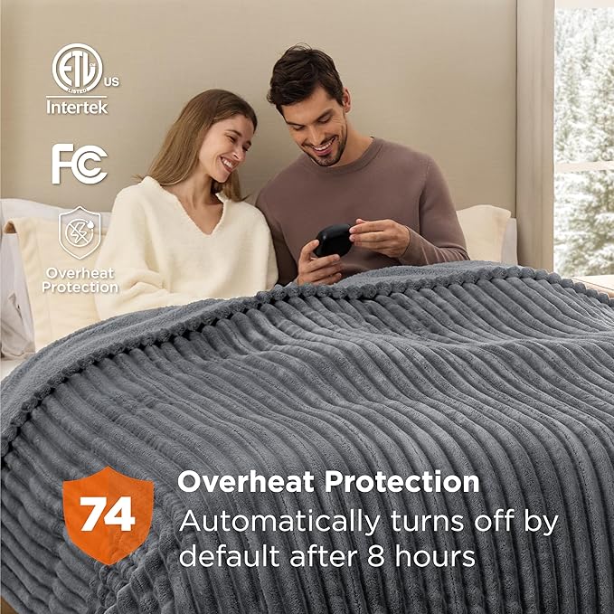 Bedsure Electric Blanket Queen Size - Thick Striped Flannel Electric Blanket with Dual Control, Heating with 10 Heat Settings & 10 Time Settings, 8 hrs Timer Auto Shut Off (84x90 inches, Grey)