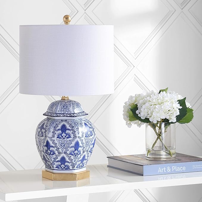 JONATHAN Y 25" Blue/White Classic Traditional Ginger Jar Ceramic LED Table Lamp, Chinoiserie Table Lamp for Living Room Bedroom, Gold Base, White Linen Shade, LED Bulb Included JYL3051A