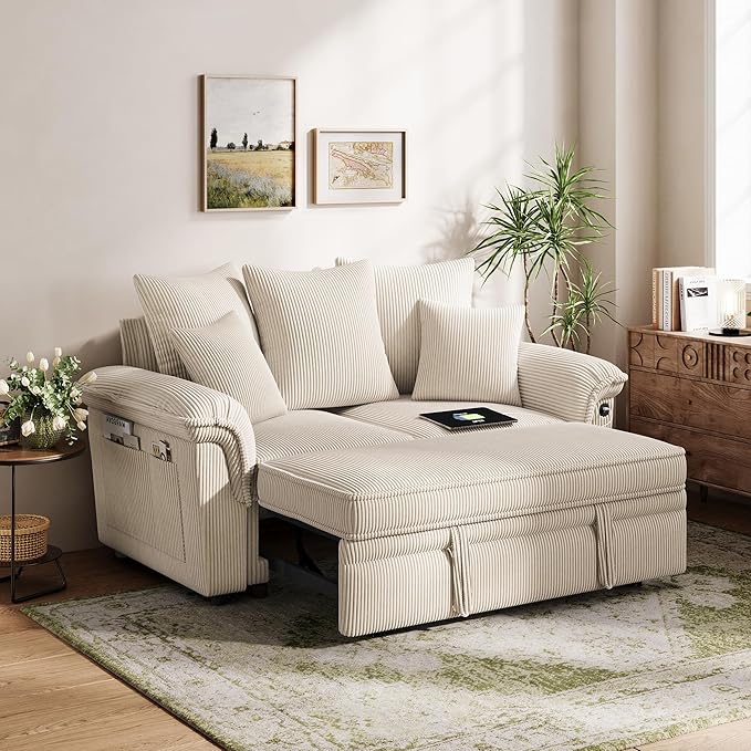 LINSY HOME Sectional Loveseat Sofa with Pull Out Chaise (Beige, 62.5'') | USB Charging, Pillow-style Armrest, Multiple Cushions, Side Storage Pockets, Corduroy Fabric