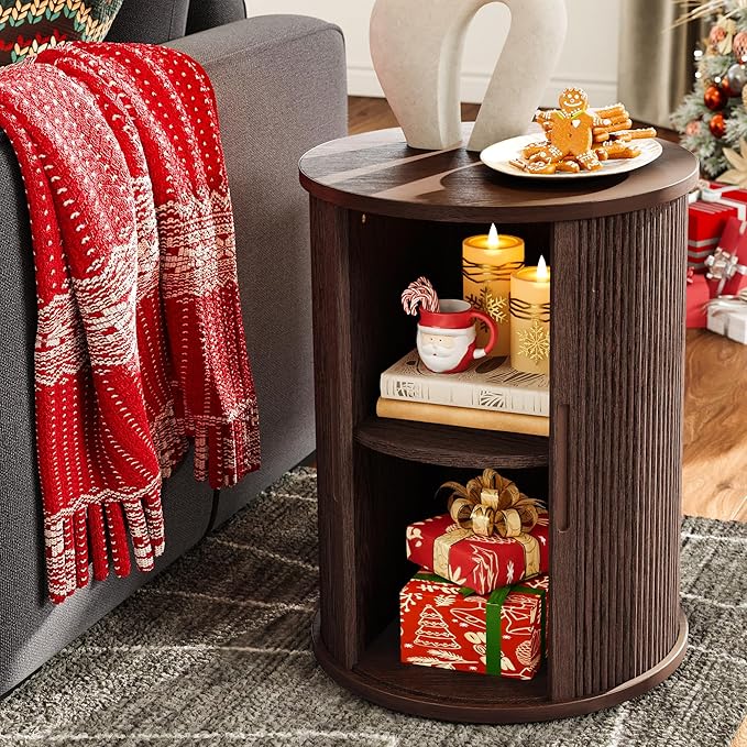 LINSY HOME Round End Table, Fluted Side Table with Sliding Tambour Door and Storage Shelf, Mid Century Modern Circular Nightstand for Bedroom, Wood Boho Tall Bedside Cabinet for Small Space, Walnut