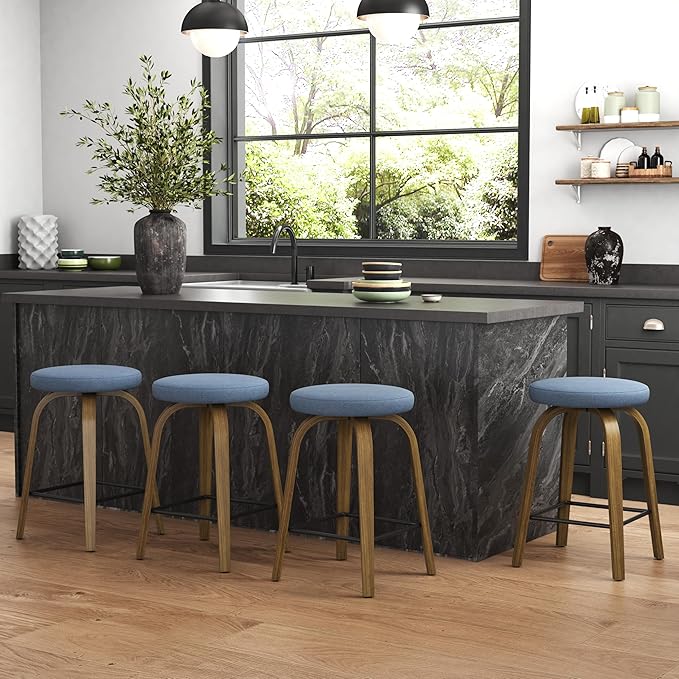 Bar Stools Set of 2, Counter Height Backless Bar Stools, 26" Swivel Barstools Kitchen Chair with Upholstered Fabric Seat, Blue