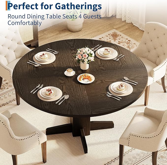 GAOMON Round Dining Table for 4-6 People,Circle Dining Table, 47 Inch Farmhouse Kitchen Table with Sturdy Pedestal Base,Finish Circle Table for Dining Room, Living Room, Apartment