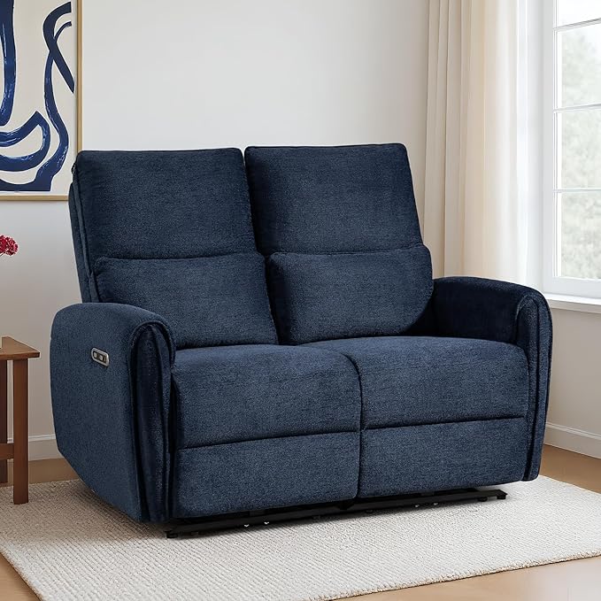 53.5" Zero Wall Hugger Power Reclining Loveseat Sofa with USB & Type-C Ports, Electric Recliner Loveseat with Lumbar Pillows, Small Space Wall Hugger Reclining Couch for Living Room & RV (Navy Blue)