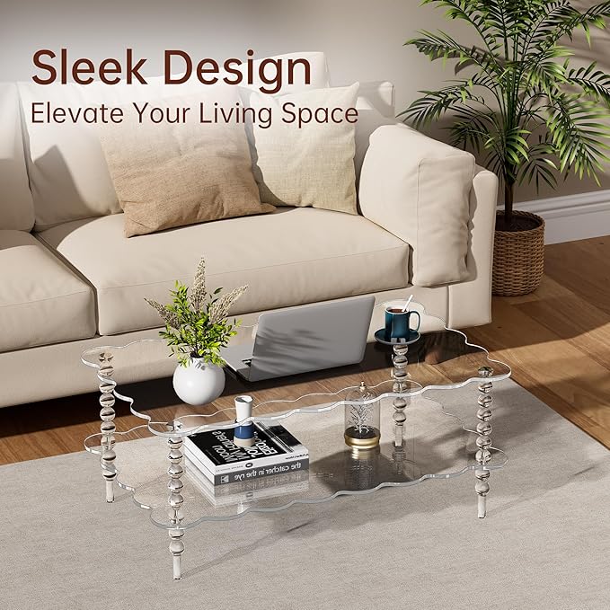 Acrylic Coffee Table, 2-Tier Living Room Table with Storage, Center Table Mid-Modern Century for Living Room, Easy to Assemble (Clear, 37.8“×23.6“×15.7”)