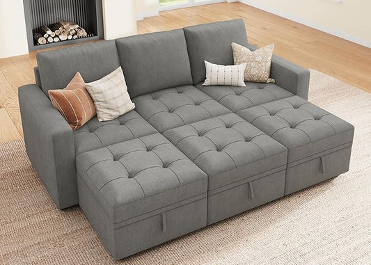 HONBAY Modular Sectional Couch Sleeper Sofa Bed with Storage Seats Oversized Sectional Couches for Living Room,Warm Grey