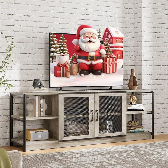 GAOMON Farmhouse TV Stand for 65/75 in TVs, Industrial TV Cabinet with 2 Mesh Doors and 4 Shelves, Vintage TV Console for Living Room, Bedroom, Grey, 71 in