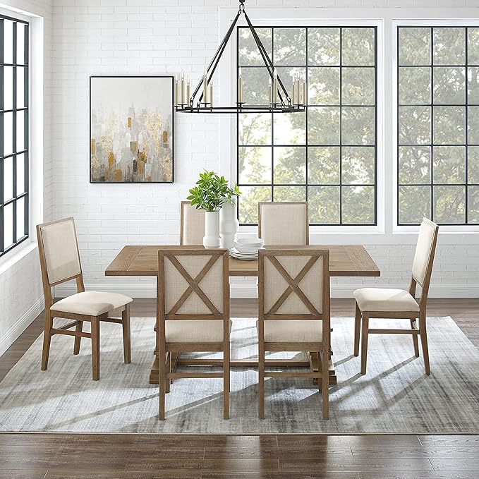 Crosley Furniture Joanna 7-Piece Modern Farmhouse Dining Table Set for 6 with Upholstered Chairs, Rustic Brown/Creme