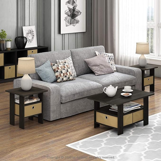 Furinno Andrey Set of 2 End / Side Table / Night Stand / Bedside Table with Bin Drawer, Espresso