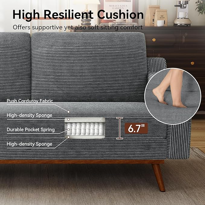 Vipbear 65.4" Loveseat Sofa Grey Corduroy Couch, Mid-Century Modern Small Couches for Living Room, Bedroom, Office, Comfy Sofa with Spring Cushion, Solid Wood Frame, Tool-Free Assembly