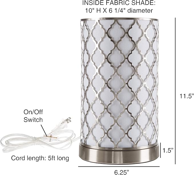 LED Uplight Table Lamp with Steel Finish, Fabric Overwrap, Laser Cut Quatrefoil Pattern and Included LED Light Bulb for Home Uplighting by Lavish Home