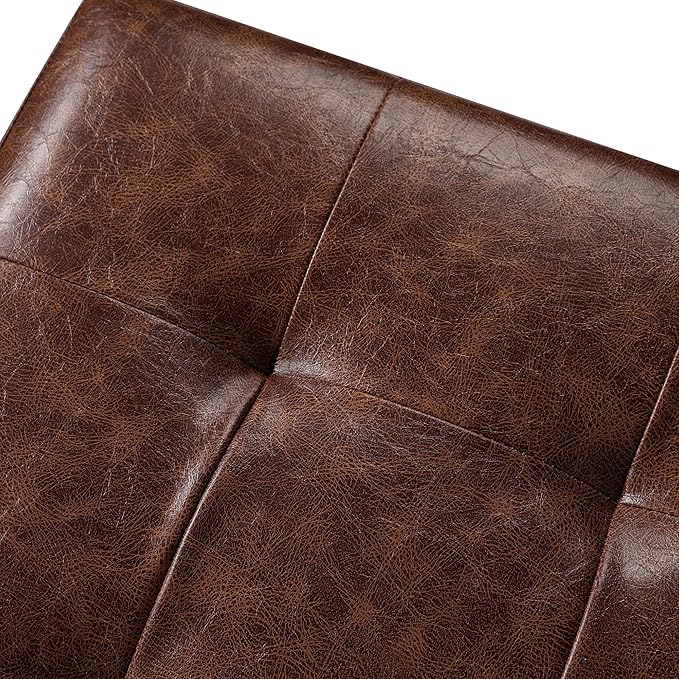 Adeco 18" Faux Leather Storage Ottoman with Hinged Lid, Mid-Century Modern Foot Rest Stool with Solid Wood Legs, Small Coffee Table & Shoe Bench for Living Room, Bedroom, Brown