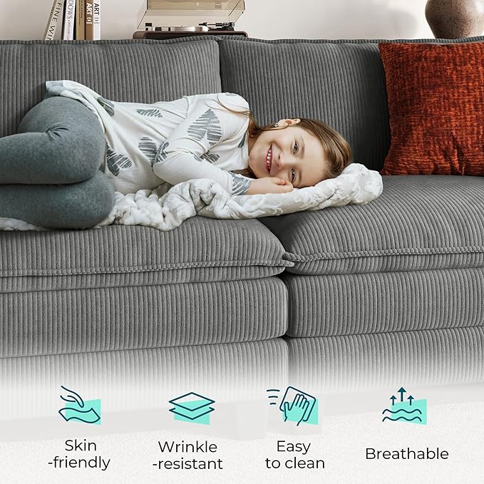 LINSY HOME Modular Sectional Sofa Couch Corduroy Cloud Couches for Living Room, U-Shaped Cloud Couch Sectional Sofas for Bedroom and Apartment, Grey