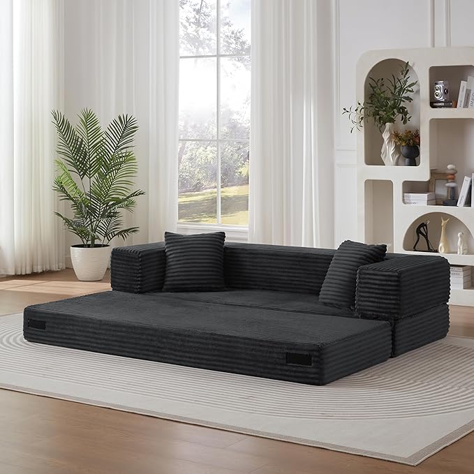 Ball & Cast Modern Upholstered Sofa with 2 Pillows,Boneless Corduroy Couch W/Deep Seat,Convertible Folding Sleeper Sofa Bed for Living Room,Bedroom,Apartment,No Assembly,Dark Gray,78"