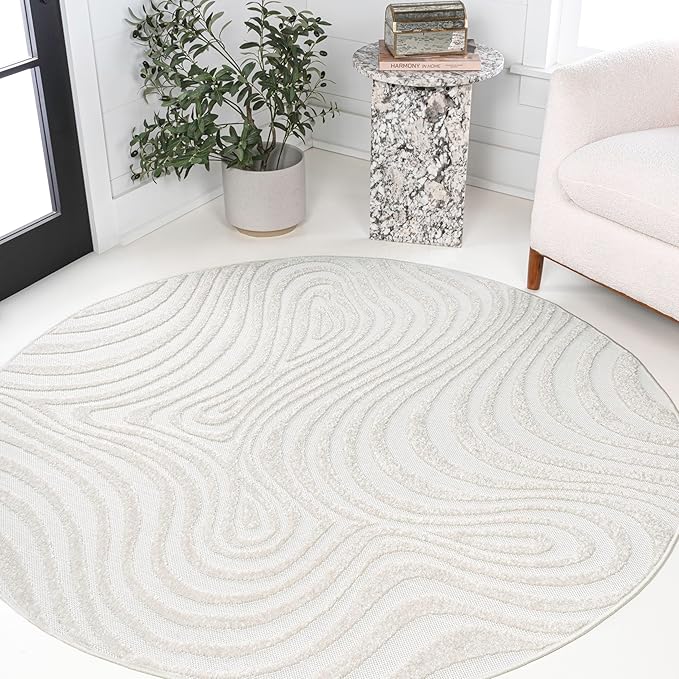 JONATHAN Y Maribo High-Low Abstract Striped Cream/Ivory 9' Round Indoor/Outdoor Area Rug, Pet Friendly, Non-Shedding, Stain Resistant, Easy-Cleaning for Backyard, Patio, Porch (SCN103A-9R)
