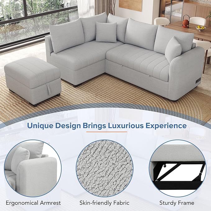 Merax Sofa Bed Sleeper Couch L Shaped Sofa with Storage Ottoman, L-Shape Sectional Couch with 2 USB Ports, 2 Power Sockets for Living Room and Small Apartment (Gray)