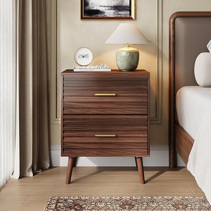 WLIVE Mid Century Modern Nightstand, Fluted Wood Bedside Table with Two Drawers, Brown Night Stand for Bedroom