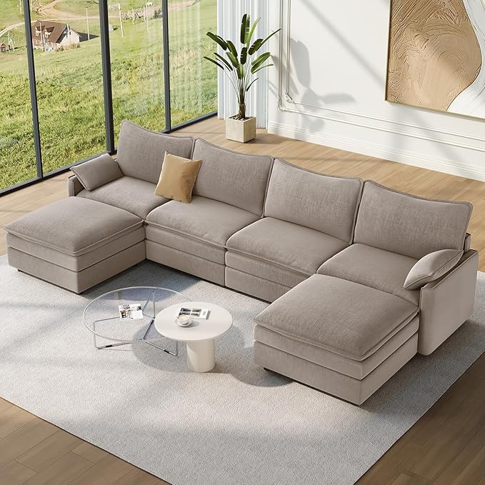Vesgantti 142" U Shaped Sectional Couch, Comfy Cloud Modular Sectional Sofa with 2 Ottoman Deep Seat Chenille Modern Cloud Sofa, Modular Sofas for Living Room, Bedroom and Apartment, Light Brown | Sink-in Comfort, Height Adjustable, Easy Rearrangement,...