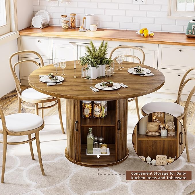 47 Inch Round Dining Table for 4-6 Round Table Kitchen Modern Round Dining Room Table with 2-Layer Storage Shelf and Wood Slide Door Circle Kitchen Tables for Dining Room Walnut