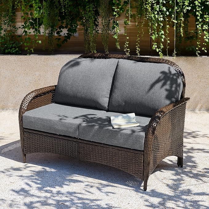 Tribesigns Outdoor Wicker Loveseat with Thick Gray Cushions, 2-Seater Patio Sofa, All-Weather PE Rattan Outdoor Furniture for Porch, Deck, Backyard, Brown/Gray