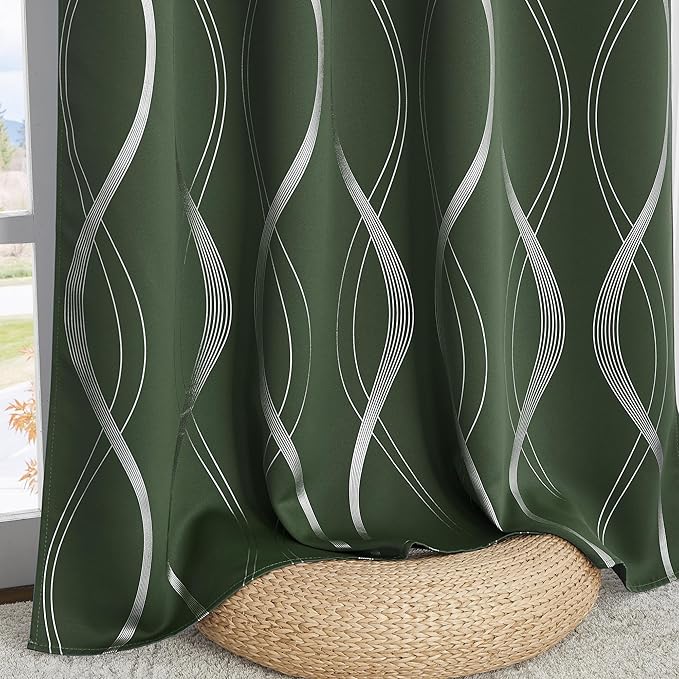 NICETOWN 100% Blackout Curtains 72 inch Length 2 Panels Set, Dark Mallard, 52" x 72", Noise Reducing Thermal Insulated Wave Line Foil Print Design Blackout Curtains for Hall Closet Villa Door