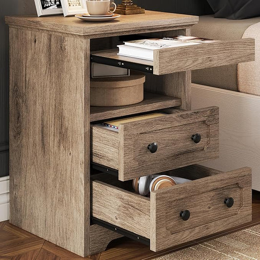 LIKIMIO Night Stand, Modern Bedside Table with 2 Drawers, Open Shelf, End Table with Pull-Out Tray, Wood SideTable, Grey Oak
