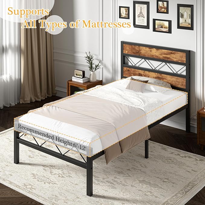 VECELO Twin Bed Frame with Headboard, Metal Platform Bedframe with Heavy Duty Slats Support, No Box Spring Needed, Easy Assembly, Rustic Brown