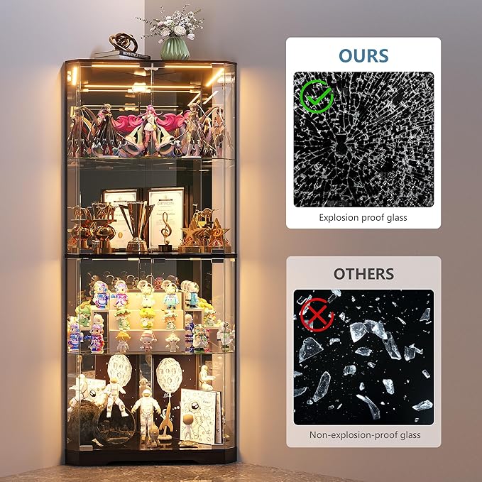 Corner Display Cabinet with Glass Doors, 64.7" Tall Curio Cabinet with RGB Lights for Collectibles, 4-Tier Showcase Display Case with Human Sensor for Toys, Books, Black