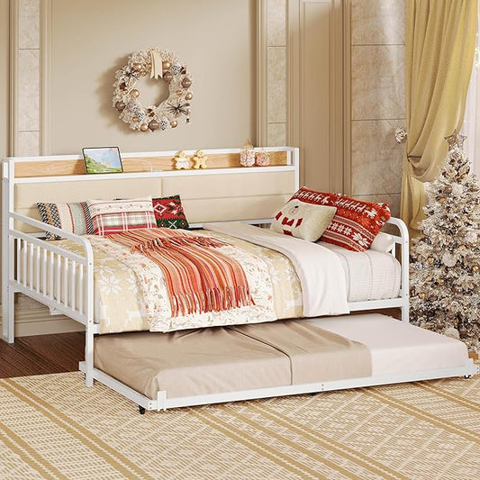 LIKIMIO Daybed with Trundle, Sturdy Metal Full Size Bed Frame with Upholstered Headboard and Charging Station for Living Room, Bedroom and Guest Room, White