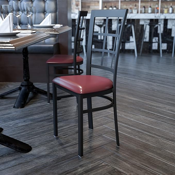 Flash Furniture HERCULES Series Black Window Back Metal Restaurant Chair - Burgundy Vinyl Seat