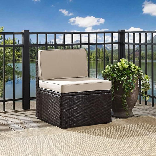 Crosley Furniture Palm Harbor Armless Outdoor Sectional Chair, Wicker Patio Chairs for Porch, Deck, Backyard, Brown with Sand Cushions