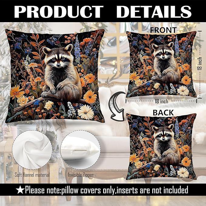 William Morris Inspired-Moody Floral Raccoon Pillow Covers 18x18 Set of 2, Raccoon Lover Gifts, Dark Wildflower Botanical Trash Panda Wildlife Decor Pillow Covers for Home Living Room Bedroom
