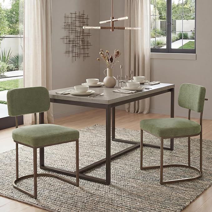 Dining Chairs Set of 2, Upholstered Modern Kitchen Chairs with Ergonomic Backrest, Fabric Cushion & Wire Drawing Curve Metal Legs for Living Room, Restaurant, and Café, Green
